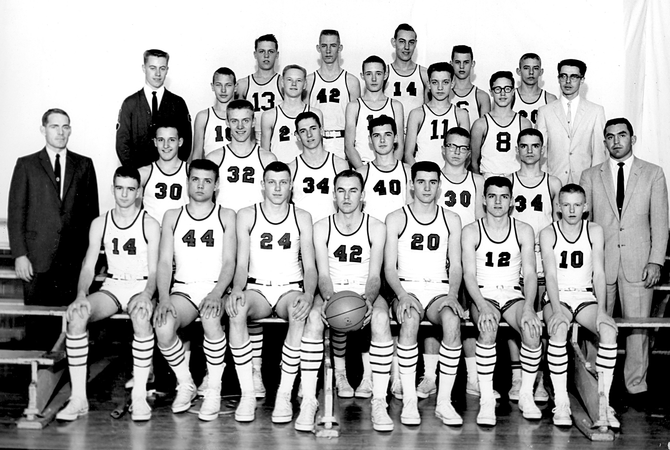 1960-61 Basketball Season Back: Barry Kusel, Tom Bromert, “Coyote LeRoy ...